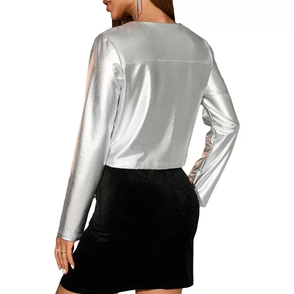 WDIRARA Women's Metallic Shiny Fringe Trim Long Sleeve Open Front Crop Outerwear Jacket