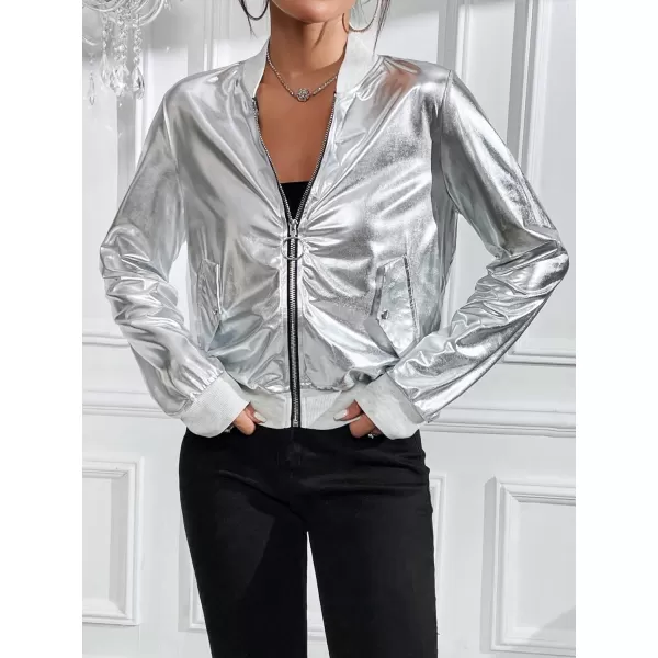 WDIRARA Women's Metallic Shiny Zip Up Long Sleeve Baseball Collar Casual Bomber Jacket