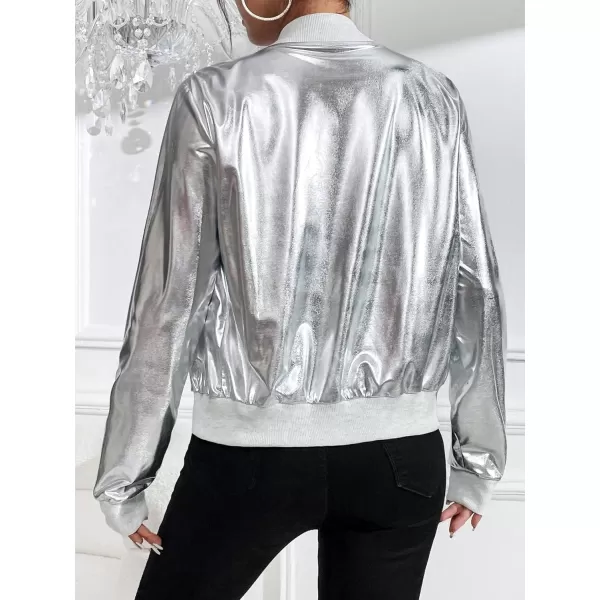 WDIRARA Women's Metallic Shiny Zip Up Long Sleeve Baseball Collar Casual Bomber Jacket