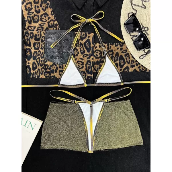 WDIRARA Women's Micro Halter Cheeky 3 Piece Thong Bikini Set with Mesh Cover Up Skirt