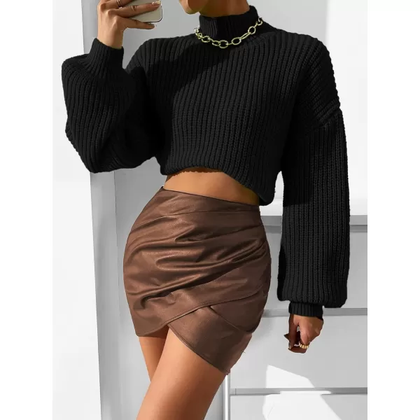 WDIRARA Women's Mock Neck Long Sleeve Crop Sweater Casual Rib Knit Top