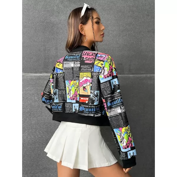 WDIRARA Women's Newspaper Graphic Print Zipper Front Long Sleeve Baseball Bomber Jacket