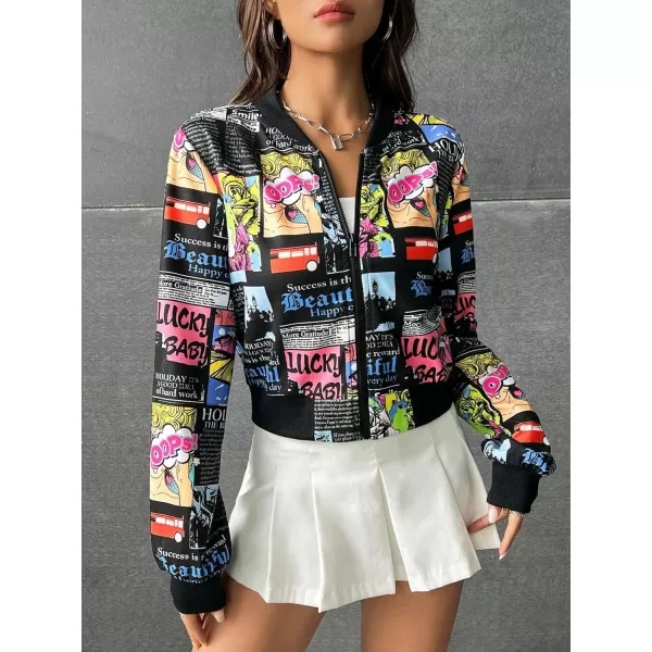 WDIRARA Women's Newspaper Graphic Print Zipper Front Long Sleeve Baseball Bomber Jacket