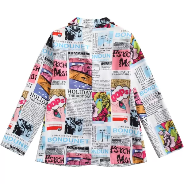 WDIRARA Women's Newspaper Pop Art Print Button Front Long Sleeve Casual Blazer Jacket