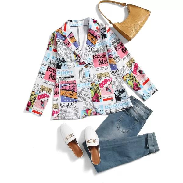 WDIRARA Women's Newspaper Pop Art Print Button Front Long Sleeve Casual Blazer Jacket