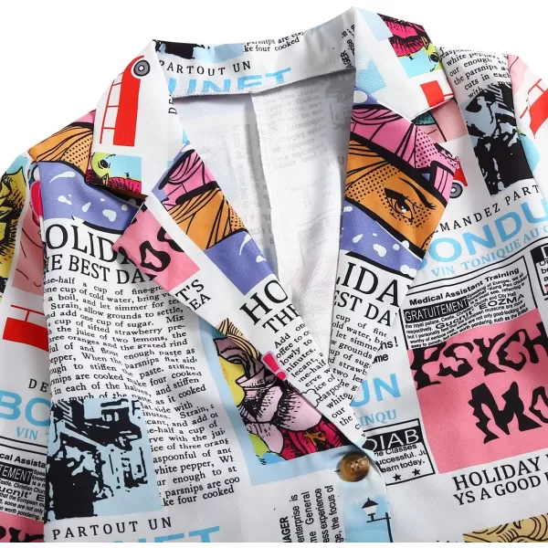 WDIRARA Women's Newspaper Pop Art Print Button Front Long Sleeve Casual Blazer Jacket