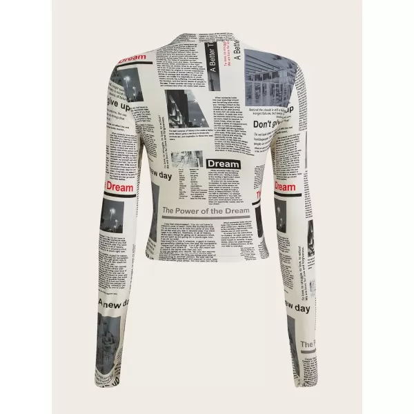 WDIRARA Women's Newspaper Print Crop Top Letter Graphic Long Sleeve Round Neck Slim Fit Knitted Shirt