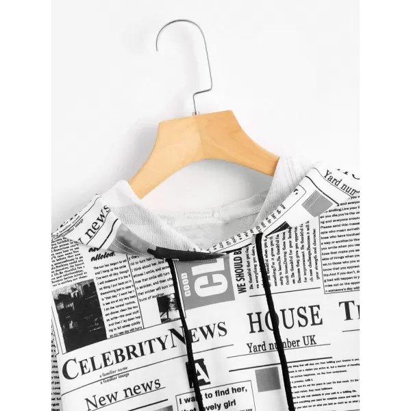 WDIRARA Women's Newspaper Print Long Sleeve Drawstring Hoodie Casual Sweatshirts