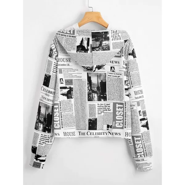 WDIRARA Women's Newspaper Print Long Sleeve Drawstring Hoodie Casual Sweatshirts