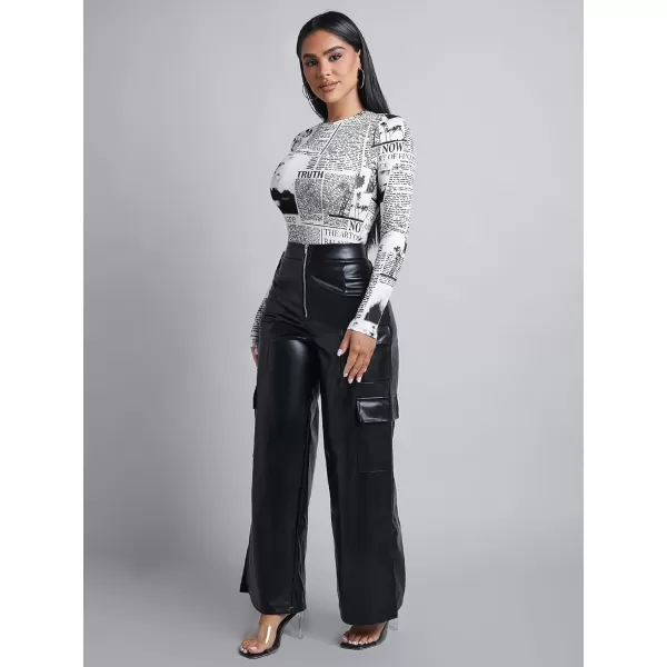 WDIRARA Women's Newspaper Print Long Sleeve Round Neck Knitted Stretchy Slim Fit Bodysuit