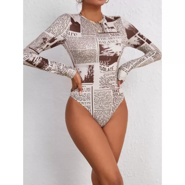 WDIRARA Women's Newspaper Print Long Sleeve Round Neck Knitted Stretchy Slim Fit Bodysuit