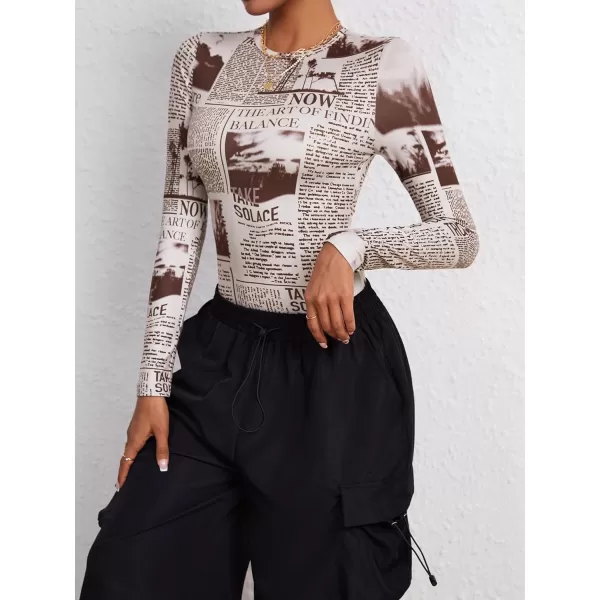 WDIRARA Women's Newspaper Print Long Sleeve Round Neck Knitted Stretchy Slim Fit Bodysuit