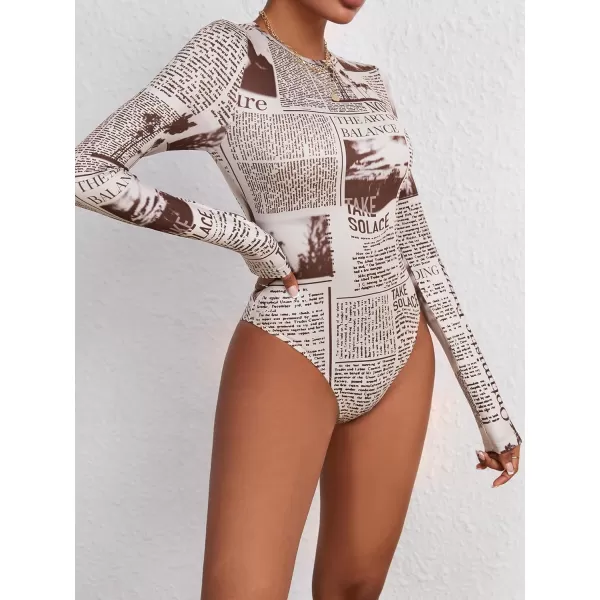WDIRARA Women's Newspaper Print Long Sleeve Round Neck Knitted Stretchy Slim Fit Bodysuit
