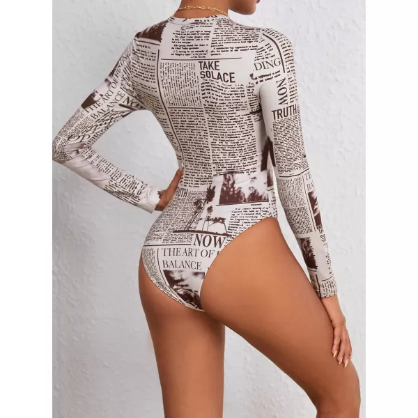WDIRARA Women's Newspaper Print Long Sleeve Round Neck Knitted Stretchy Slim Fit Bodysuit