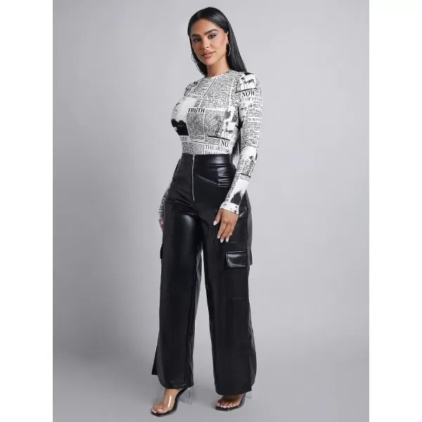WDIRARA Women's Newspaper Print Long Sleeve Round Neck Knitted Stretchy Slim Fit Bodysuit