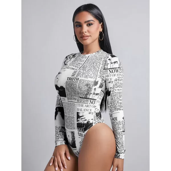 WDIRARA Women's Newspaper Print Long Sleeve Round Neck Knitted Stretchy Slim Fit Bodysuit