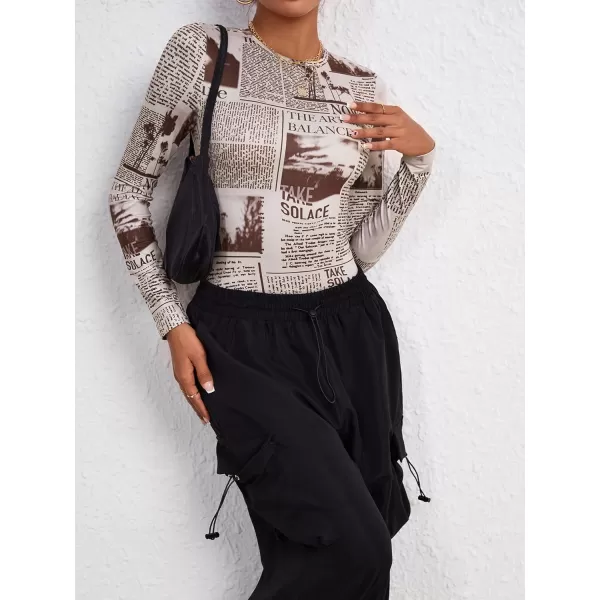 WDIRARA Women's Newspaper Print Long Sleeve Round Neck Knitted Stretchy Slim Fit Bodysuit