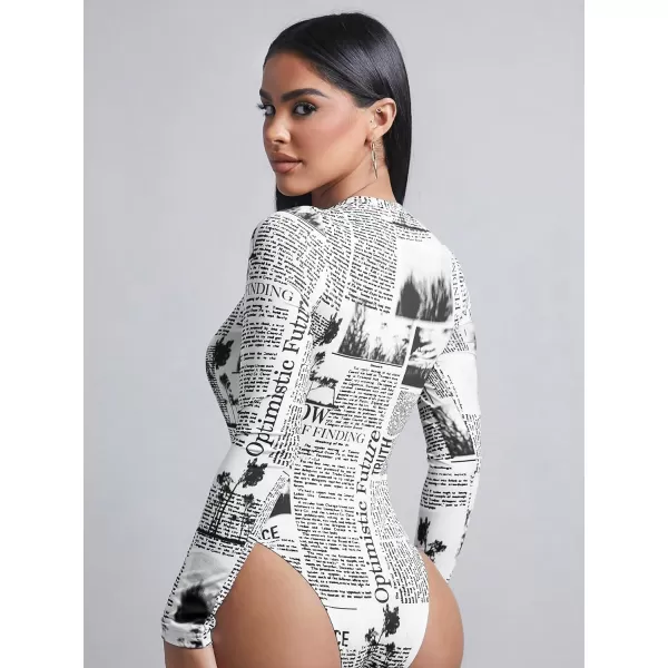 WDIRARA Women's Newspaper Print Long Sleeve Round Neck Knitted Stretchy Slim Fit Bodysuit