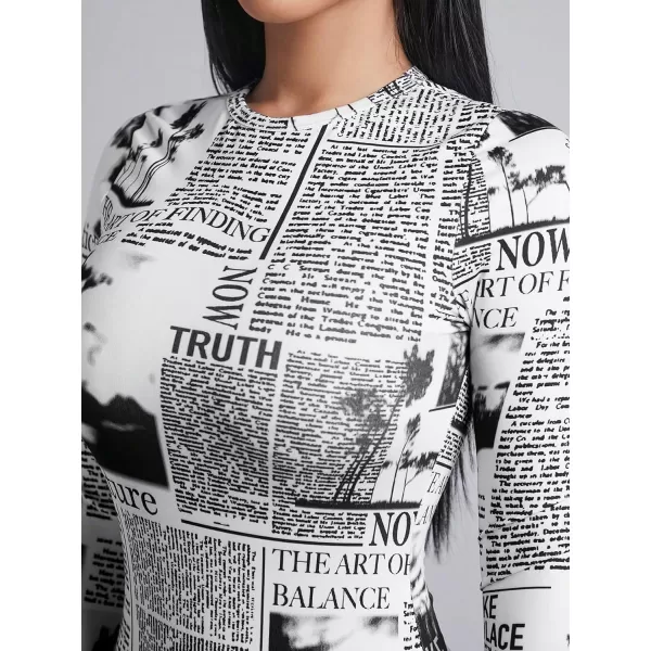 WDIRARA Women's Newspaper Print Long Sleeve Round Neck Knitted Stretchy Slim Fit Bodysuit