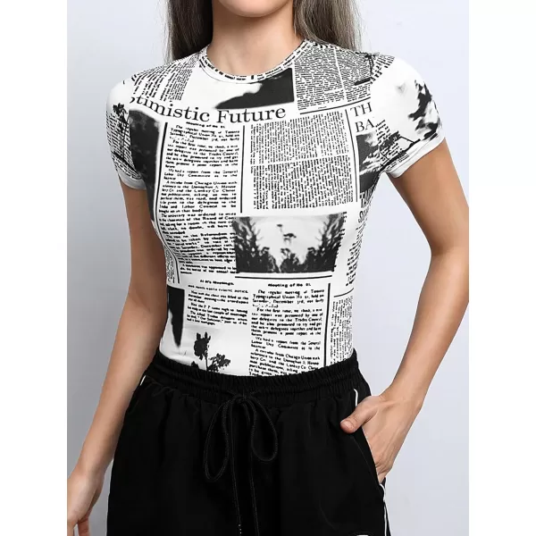 WDIRARA Women's Newspaper Print Short Sleeve Round Neck Tummy Control One Piece Bodysuit Casual Top