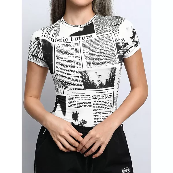 WDIRARA Women's Newspaper Print Short Sleeve Round Neck Tummy Control One Piece Bodysuit Casual Top