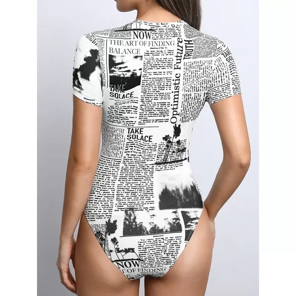 WDIRARA Women's Newspaper Print Short Sleeve Round Neck Tummy Control One Piece Bodysuit Casual Top