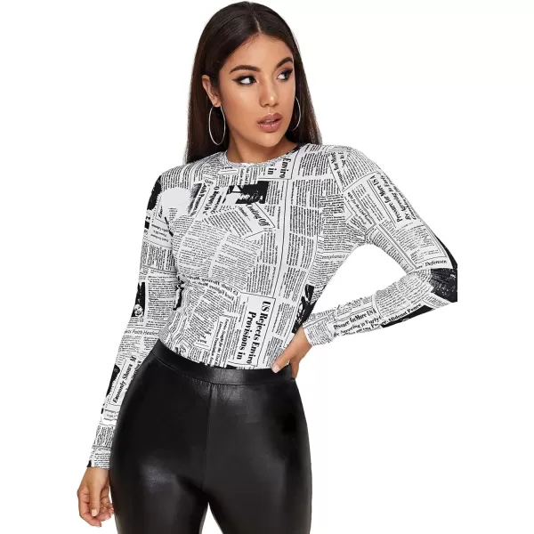WDIRARA Women's Newspaper Print Tee Long Sleeve Round Neck Letter Print Slim Top