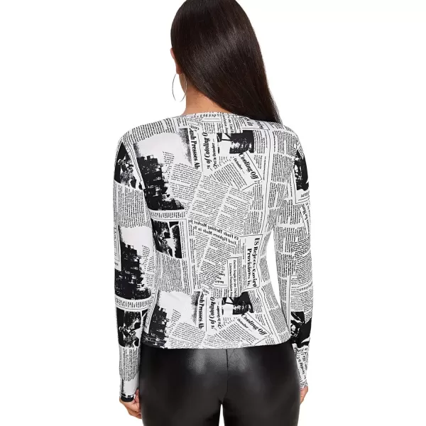 WDIRARA Women's Newspaper Print Tee Long Sleeve Round Neck Letter Print Slim Top