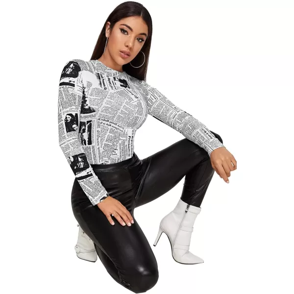 WDIRARA Women's Newspaper Print Tee Long Sleeve Round Neck Letter Print Slim Top
