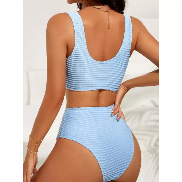 WDIRARA Women's Notched V Neck Bikini Swimsuit 2 Piece Textured Swimsuit Bathing Suits