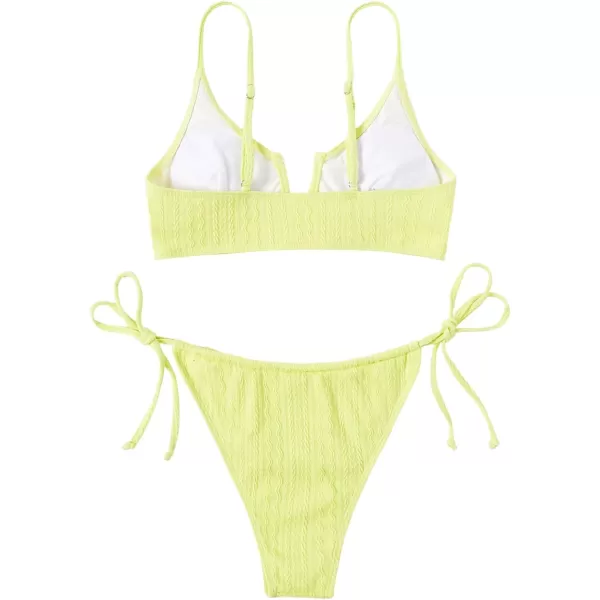 WDIRARA Women's Notched V Neck Bikini Swimsuit 2 Piece Textured Swimsuit Bathing Suits