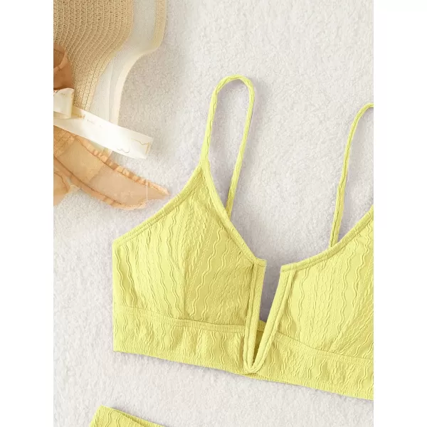 WDIRARA Women's Notched V Neck Bikini Swimsuit 2 Piece Textured Swimsuit Bathing Suits