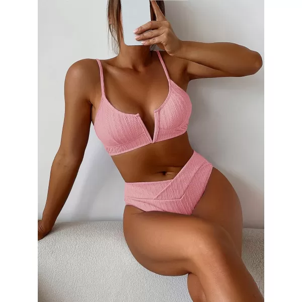 WDIRARA Women's Notched V Neck Bikini Swimsuit 2 Piece Textured Swimsuit Bathing Suits