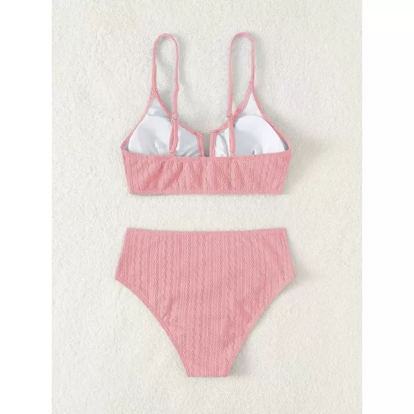 WDIRARA Women's Notched V Neck Bikini Swimsuit 2 Piece Textured Swimsuit Bathing Suits