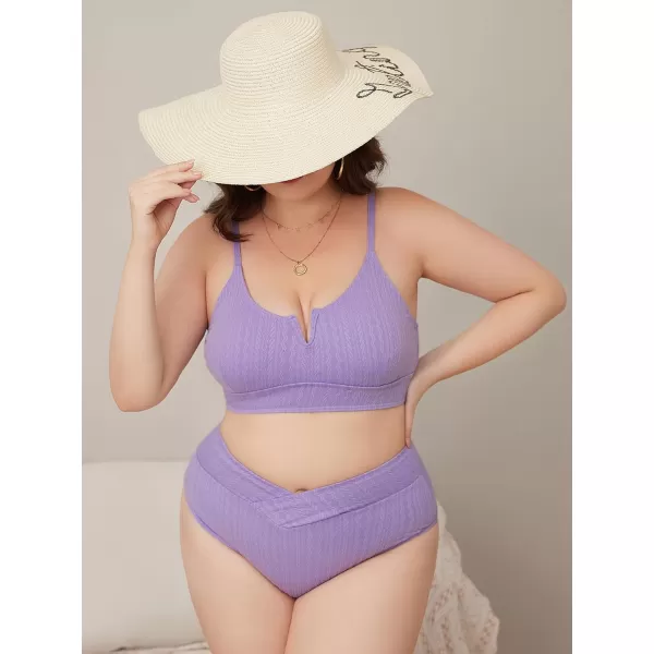 WDIRARA Women's Notched V Neck Bikini Swimsuit 2 Piece Textured Swimsuit Bathing Suits