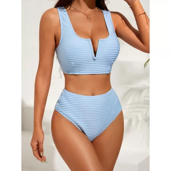 WDIRARA Women's Notched V Neck Bikini Swimsuit 2 Piece Textured Swimsuit Bathing Suits