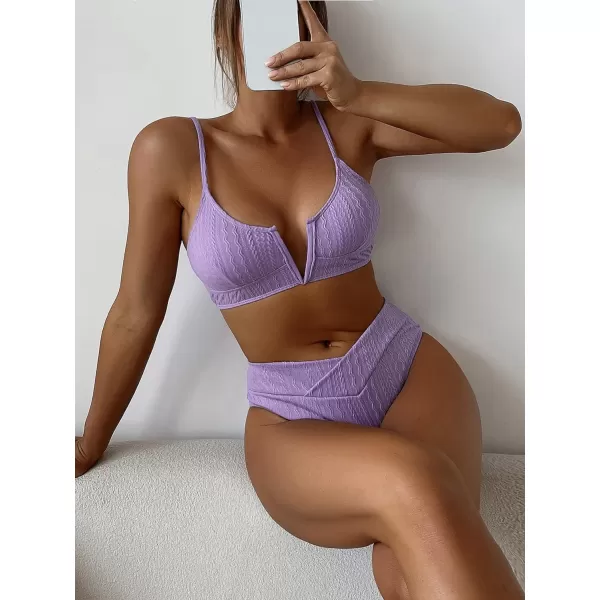 WDIRARA Women's Notched V Neck Bikini Swimsuit 2 Piece Textured Swimsuit Bathing Suits