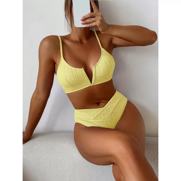 WDIRARA Women's Notched V Neck Bikini Swimsuit 2 Piece Textured Swimsuit Bathing Suits