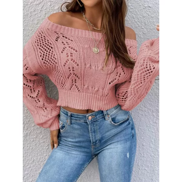WDIRARA Women's Off Shoulder Long Sleeve Hollow Out Sheer Knit Soft Crop Top Sweater