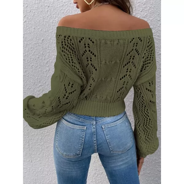 WDIRARA Women's Off Shoulder Long Sleeve Hollow Out Sheer Knit Soft Crop Top Sweater
