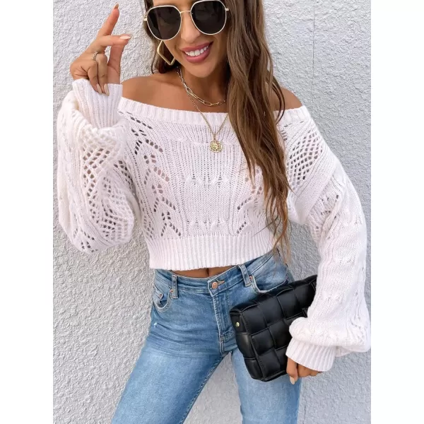 WDIRARA Women's Off Shoulder Long Sleeve Hollow Out Sheer Knit Soft Crop Top Sweater