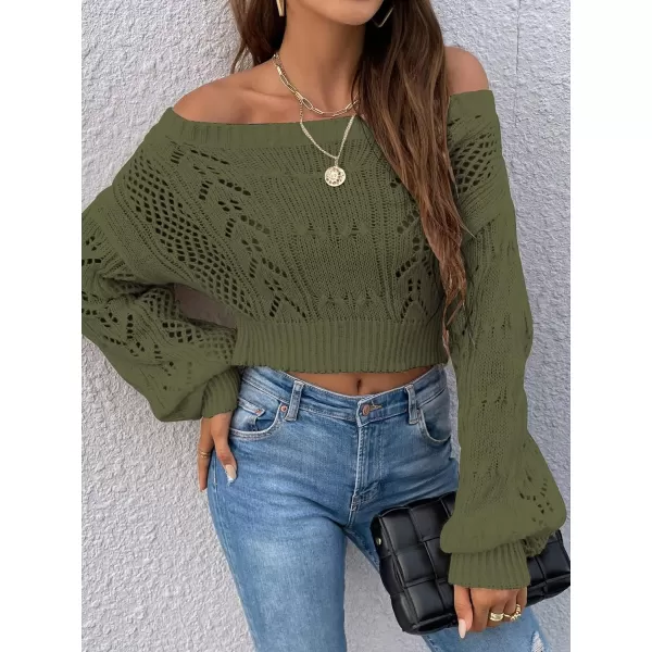 WDIRARA Women's Off Shoulder Long Sleeve Hollow Out Sheer Knit Soft Crop Top Sweater