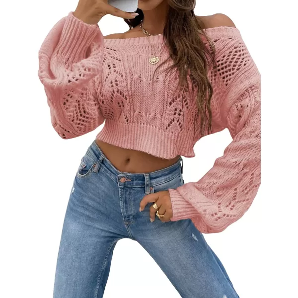 WDIRARA Women's Off Shoulder Long Sleeve Hollow Out Sheer Knit Soft Crop Top Sweater
