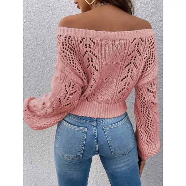 WDIRARA Women's Off Shoulder Long Sleeve Hollow Out Sheer Knit Soft Crop Top Sweater