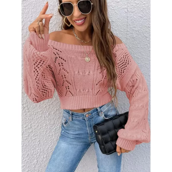 WDIRARA Women's Off Shoulder Long Sleeve Hollow Out Sheer Knit Soft Crop Top Sweater