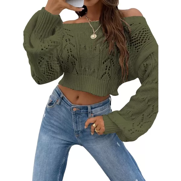 WDIRARA Women's Off Shoulder Long Sleeve Hollow Out Sheer Knit Soft Crop Top Sweater