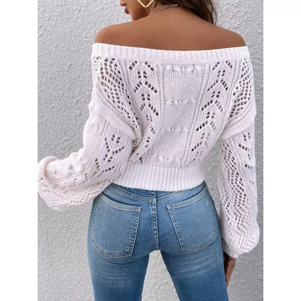 WDIRARA Women's Off Shoulder Long Sleeve Hollow Out Sheer Knit Soft Crop Top Sweater