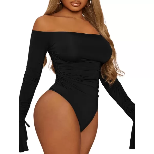 WDIRARA Women's Off the Shoulder Flounce Long Sleeve Ruched Skinny Bodysuit