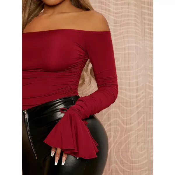 WDIRARA Women's Off the Shoulder Flounce Long Sleeve Ruched Skinny Bodysuit