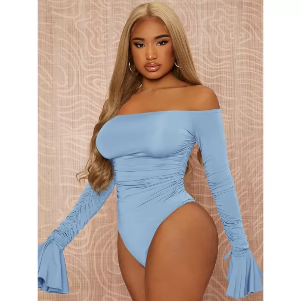 WDIRARA Women's Off the Shoulder Flounce Long Sleeve Ruched Skinny Bodysuit